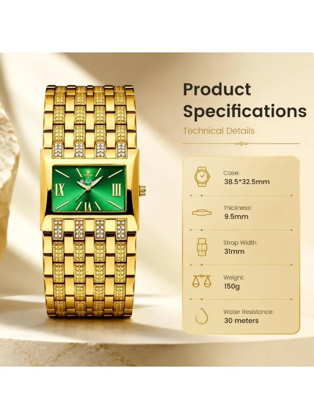 Women's Gold Green Rectangular Crystal Bangle Stainless Steel Quartz Wrist Watch